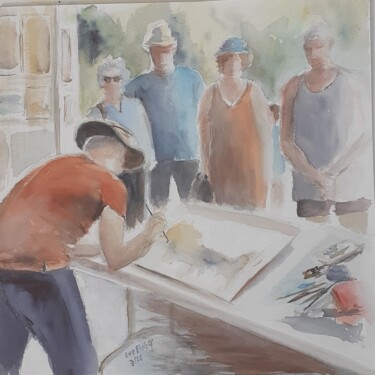 Pintura intitulada "Adrien en démo à Gi…" por Eve Elikoff, Obras de arte originais, Aquarela