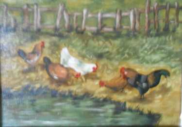 Peinture intitulée "POULES ET COQS PRES…" par Eva De Los Santos, Œuvre d'art originale, Huile