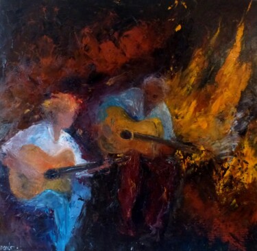 Malerei mit dem Titel "les guitares du soir" von Eve Hernandez, Original-Kunstwerk, Öl
