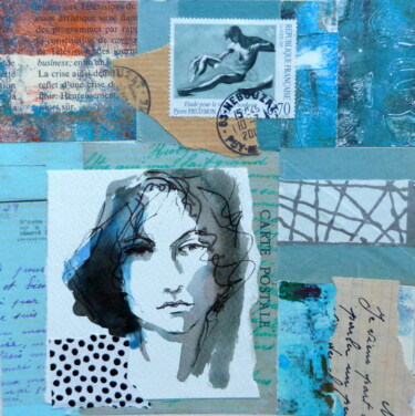 Collages getiteld "Correspondance" door Eve Hernandez, Origineel Kunstwerk, Inkt Gemonteerd op Karton