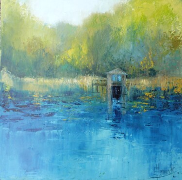 Pittura intitolato "cabane du lac bleu" da Eve Hernandez, Opera d'arte originale, Olio