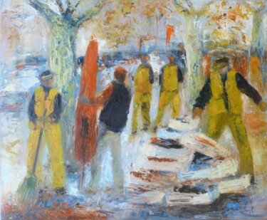 Painting titled "La fin du marché" by Eve Hernandez, Original Artwork, Oil