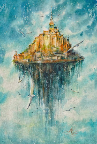 Pintura intitulada "Mont- Saint- Michel" por Eve Mazur, Obras de arte originais, Aquarela
