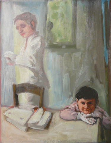 Peinture intitulée ""Les gants"" par Eve Clair, Œuvre d'art originale, Huile Monté sur Châssis en bois