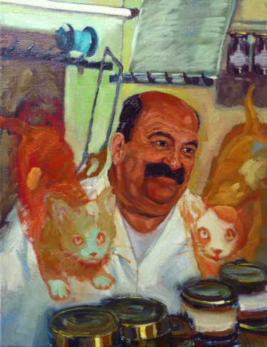 Peinture intitulée "Charcutier à chats" par Eve Clair, Œuvre d'art originale, Huile Monté sur Châssis en bois