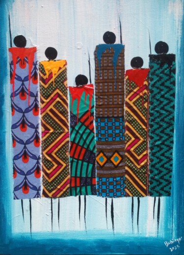 Collages intitulée "Beautiful family" par Evelyn Babirye, Œuvre d'art originale, Acrylique