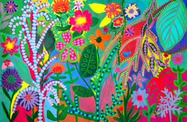 Schilderij getiteld "Psychedelic Flora" door Evelyn La Starza, Origineel Kunstwerk, Acryl