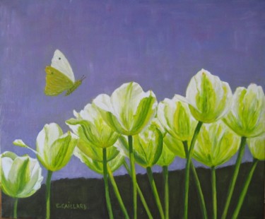 Peinture intitulée "Papillon sur tulipe…" par E.Caillard, Œuvre d'art originale, Huile