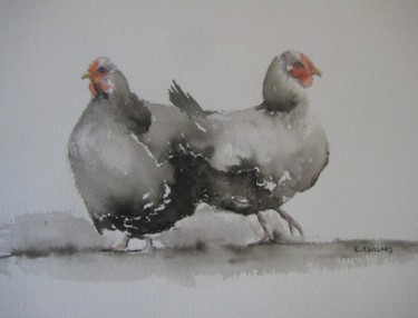 Peinture intitulée "poules.jpg" par E.Caillard, Œuvre d'art originale, Encre