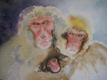 Peinture intitulée "famille-singe.jpg" par E.Caillard, Œuvre d'art originale, Aquarelle