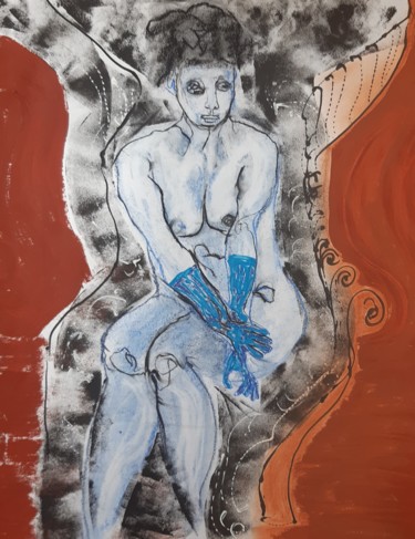 Dessin intitulée "Los guantes azul" par Evelyne Cassan, Œuvre d'art originale, Pastel