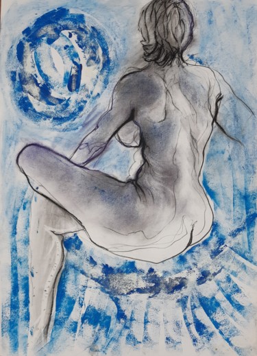 Drawing titled "dos bleu" by Evelyne Cassan, Original Artwork, Pastel
