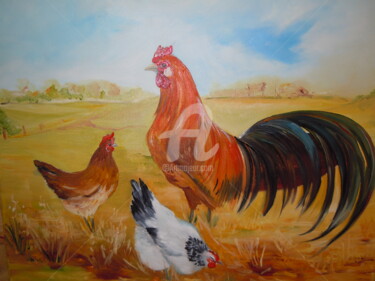 Peinture intitulée "Poules et......coq." par Evelyne Clairembault, Œuvre d'art originale, Huile
