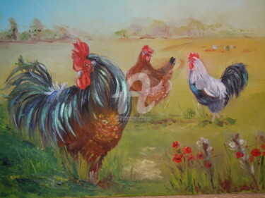 Peinture intitulée "Coq et.........poul…" par Evelyne Clairembault, Œuvre d'art originale, Huile