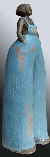 Sculpture titled "La salopette bleue" by Evelyne Delanaud, Original Artwork, Terra cotta