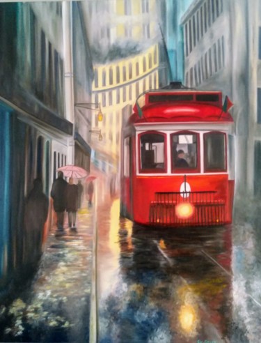Картина под названием "Tramway de Lisbonne" - Evelyne Deuil, Подлинное произведение искусства, Масло