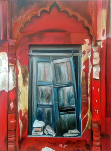 Painting titled "une porte" by Evelyne Deuil, Original Artwork, Oil