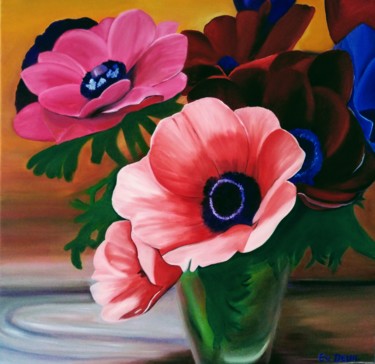Malerei mit dem Titel "Anémones" von Evelyne Deuil, Original-Kunstwerk, Öl