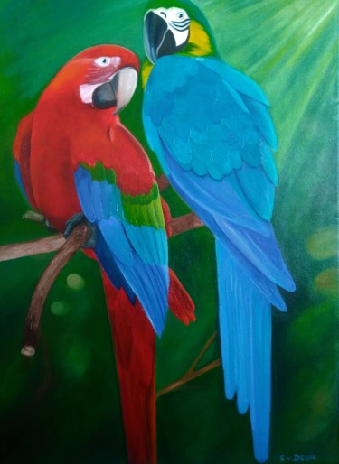 Pintura intitulada "les perroquets" por Evelyne Deuil, Obras de arte originais, Óleo Montado em Armação em madeira