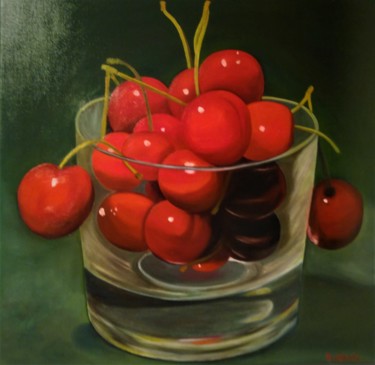 Schilderij getiteld "Cerises" door Evelyne Deuil, Origineel Kunstwerk, Olie Gemonteerd op Frame voor houten brancard