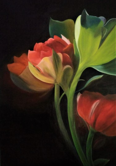 Schilderij getiteld "Tulipes" door Evelyne Deuil, Origineel Kunstwerk, Olie Gemonteerd op Frame voor houten brancard