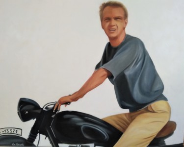 Painting titled "Steve Mac Queen" by Evelyne Deuil, Original Artwork, Oil Mounted on Wood Stretcher frame