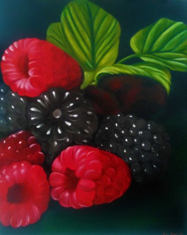 Painting titled "mûres et framboises" by Evelyne Deuil, Original Artwork, Oil Mounted on Wood Stretcher frame