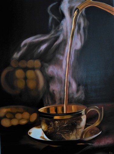 Peinture intitulée "tasse de thé" par Evelyne Deuil, Œuvre d'art originale, Huile Monté sur Châssis en bois