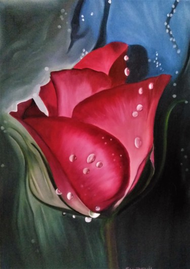 Painting titled "rose sous la pluie" by Evelyne Deuil, Original Artwork, Oil Mounted on Wood Stretcher frame