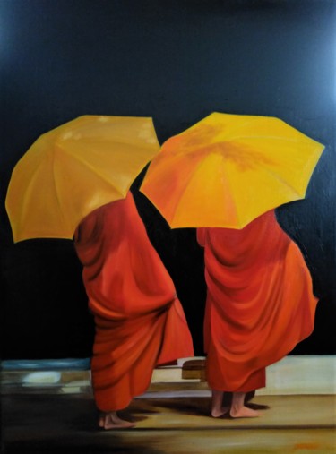 Картина под названием "les moines" - Evelyne Deuil, Подлинное произведение искусства, Масло Установлен на Деревянная рама дл…