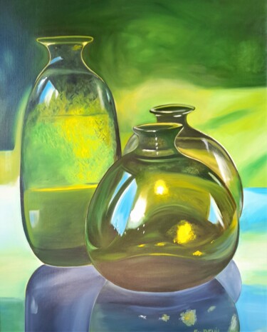 Painting titled "verres verts" by Evelyne Deuil, Original Artwork, Oil