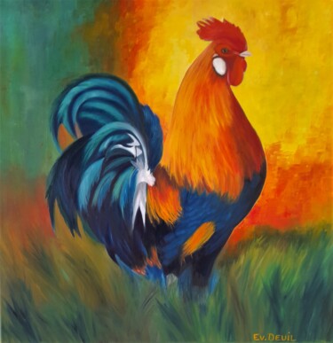 Painting titled "COQ" by Evelyne Deuil, Original Artwork, Oil Mounted on Wood Stretcher frame