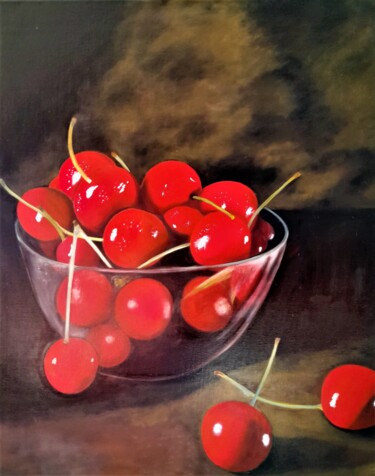 Painting titled "quelques cerises" by Evelyne Deuil, Original Artwork, Oil Mounted on Wood Stretcher frame