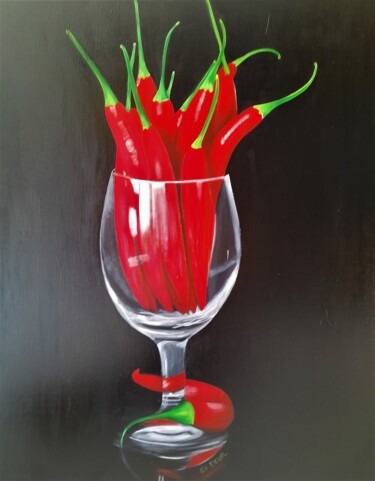 Painting titled "piments" by Evelyne Deuil, Original Artwork, Oil Mounted on Wood Stretcher frame