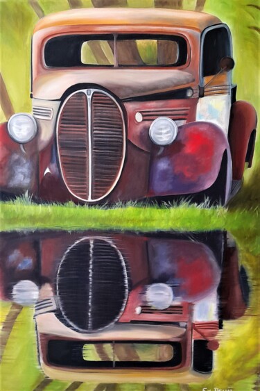 Painting titled "Pick up FORD 1938" by Evelyne Deuil, Original Artwork, Oil Mounted on Wood Stretcher frame