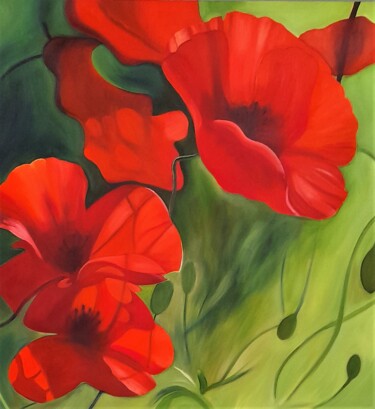 Painting titled "coquelicots" by Evelyne Deuil, Original Artwork, Oil Mounted on Wood Stretcher frame
