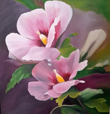 Painting titled "fleurs roses" by Evelyne Deuil, Original Artwork, Oil