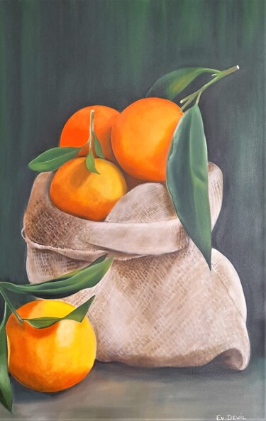 Painting titled "oranges" by Evelyne Deuil, Original Artwork, Oil Mounted on Wood Stretcher frame
