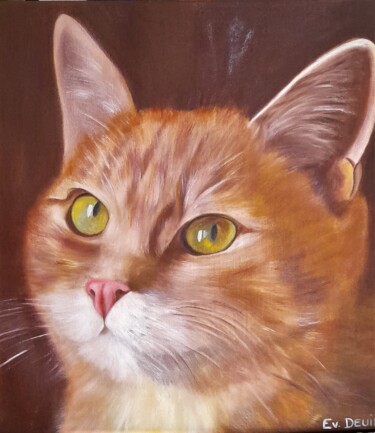 Painting titled "mon chat" by Evelyne Deuil, Original Artwork, Oil Mounted on Wood Stretcher frame