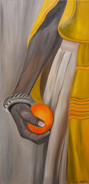 Malerei mit dem Titel "la femme à l'orange" von Evelyne Deuil, Original-Kunstwerk, Öl Auf Keilrahmen aus Holz montiert