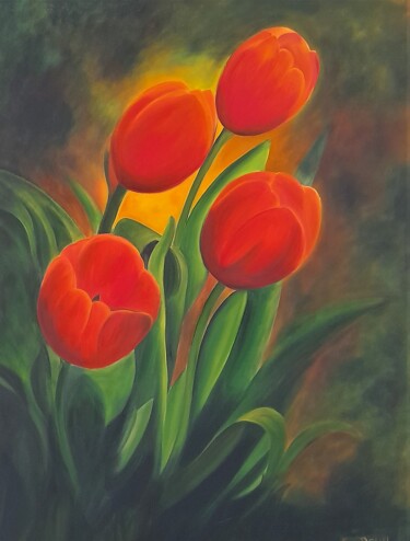 Malerei mit dem Titel "d'autres tulipes" von Evelyne Deuil, Original-Kunstwerk, Öl