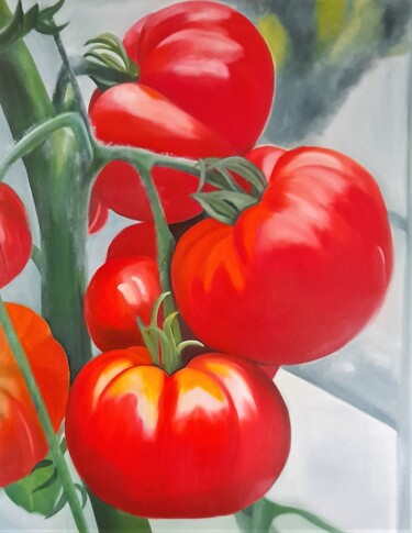 Painting titled "tomates" by Evelyne Deuil, Original Artwork, Oil Mounted on Wood Stretcher frame