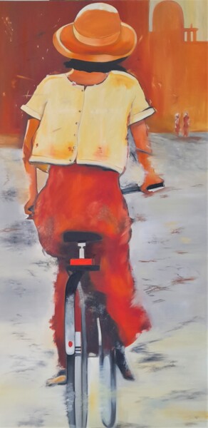 Painting titled "cycliste" by Evelyne Deuil, Original Artwork, Oil