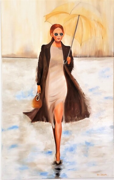 Pintura intitulada "la fille au paraplu…" por Evelyne Deuil, Obras de arte originais, Óleo Montado em Armação em madeira
