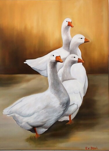 Peinture intitulée "les oies" par Evelyne Deuil, Œuvre d'art originale, Huile