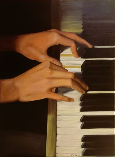 Schilderij getiteld "les mains" door Evelyne Deuil, Origineel Kunstwerk, Olie Gemonteerd op Frame voor houten brancard