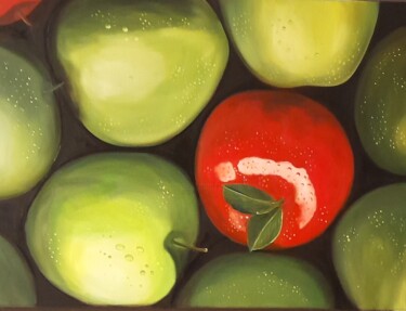 Painting titled "LA POMME ROUGE" by Evelyne Deuil, Original Artwork, Oil Mounted on Wood Stretcher frame