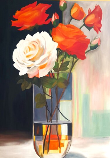Painting titled "Roses" by Evelyne Deuil, Original Artwork, Oil Mounted on Wood Stretcher frame