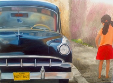 Painting titled "Voiture noire" by Evelyne Deuil, Original Artwork, Oil