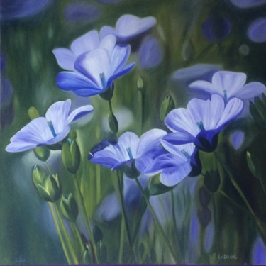 Painting titled "Fleurs Bleues" by Evelyne Deuil, Original Artwork, Oil